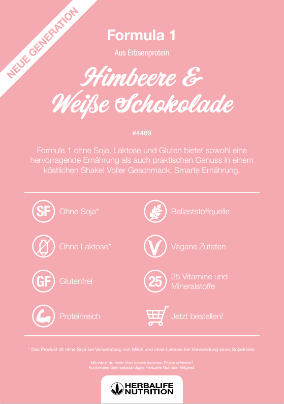HERBALIFE - Formula 1 Neue Generation ohne Soja, Laktose und Gluten Himbeere & weisse schokolade 500g