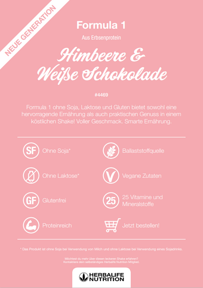 HERBALIFE - Formula 1 Neue Generation ohne Soja, Laktose und Gluten Himbeere & weisse schokolade 500g